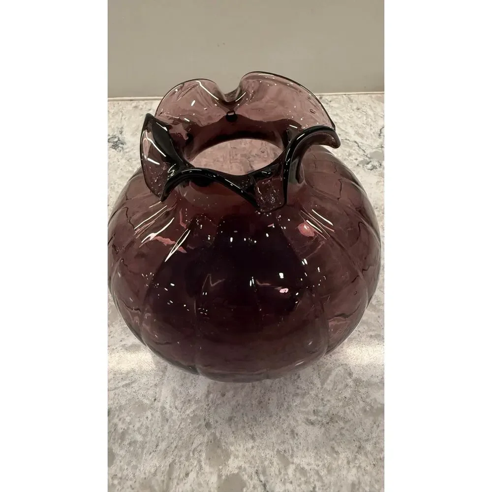 Vintage Amethyst Purple Ribbed Art Glass Vase Ruffled Rim Pontil Mark 5